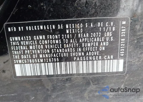 2019 Volkswagen Jetta 1.4T R-Line/1.4T S/1.4T Se z USA, uszkodzony, nr VIN 3VWC57BU5KM128755